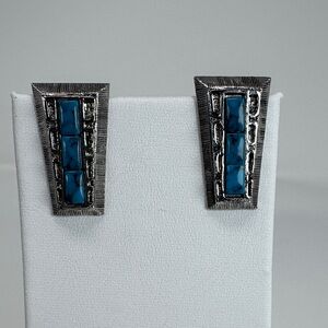 Vintage Whiting & Davis Silver-Tone Blue Turquoise Inlay Geometric Earrings